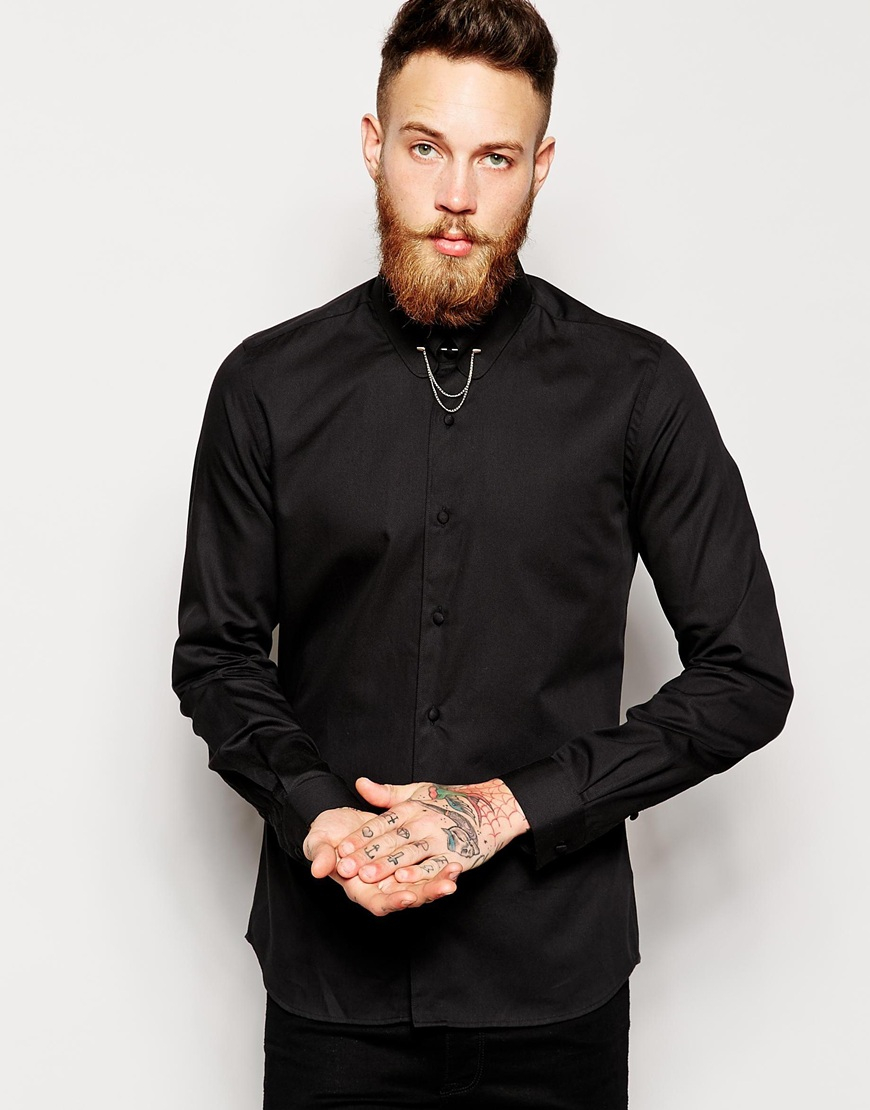 Noose And Monkey Shirt With Gold Collar Bar & Chain In Super Skinny Fit in  Black for Men | Lyst