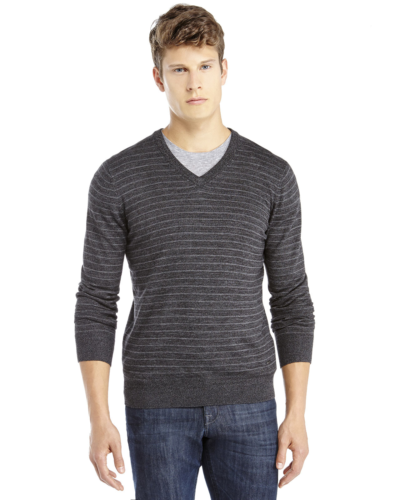 Lyst - Dkny V-Neck Stripe Marled Knit Sweater in Gray for Men