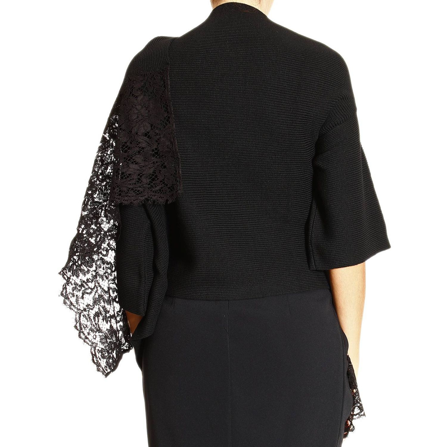 Valentino Sweater Ribbed Wool Shawl with 34 Sleeve Nad Lace Dtyails in Black | Lyst