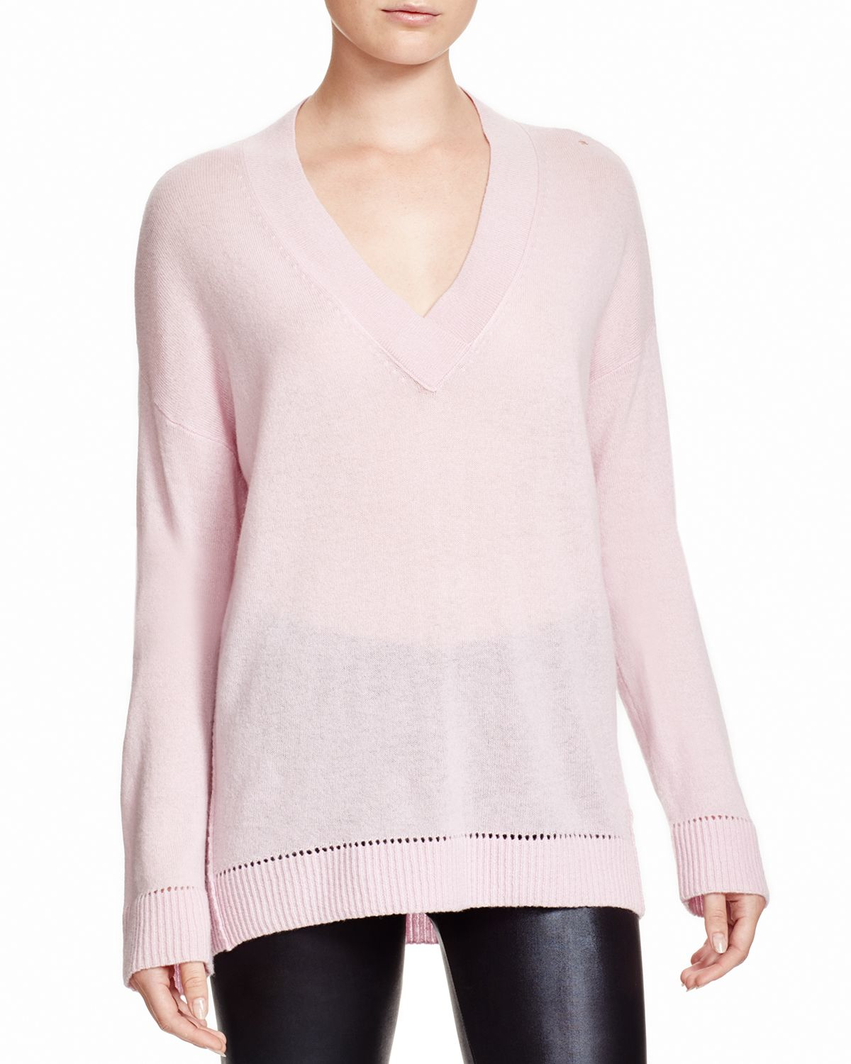 Vince Cashmere Pointelle Trim V Neck Sweater in Pink (Orchid) | Lyst