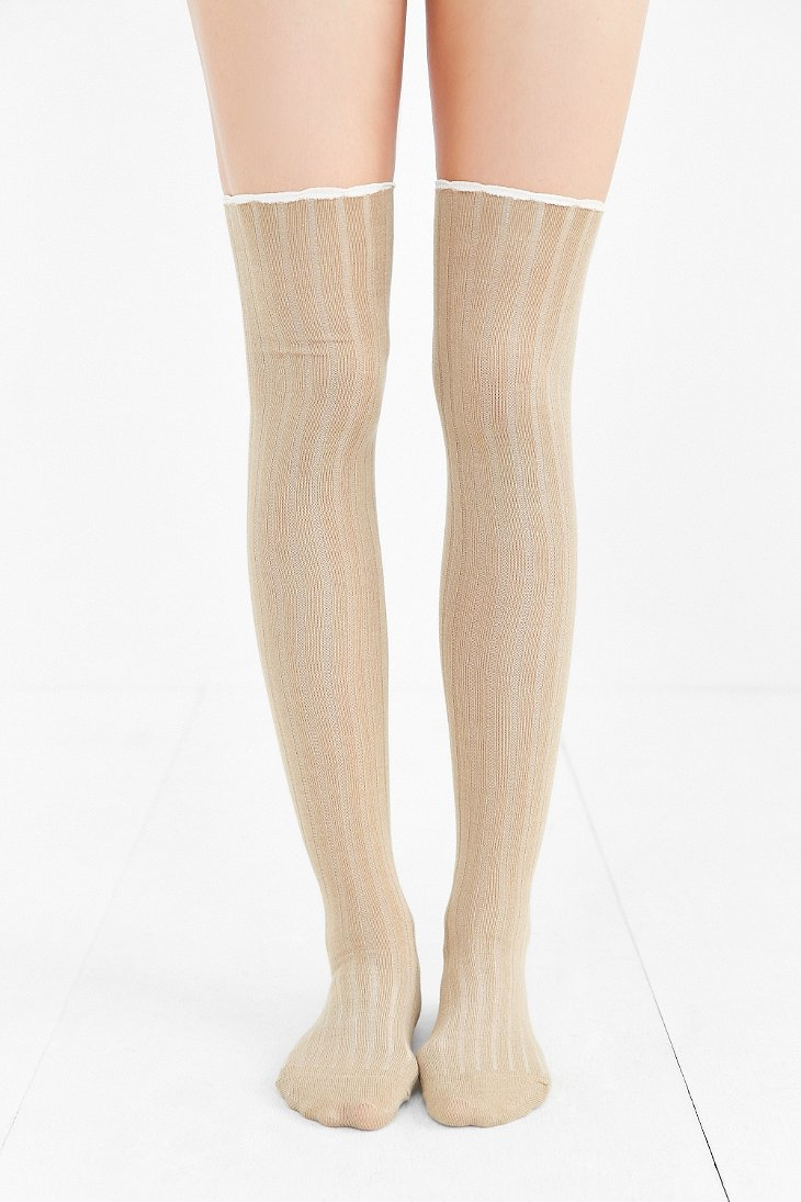 Urban Outfitters Synthetic Ribbed Scallop Thigh High Sock In Natural Lyst