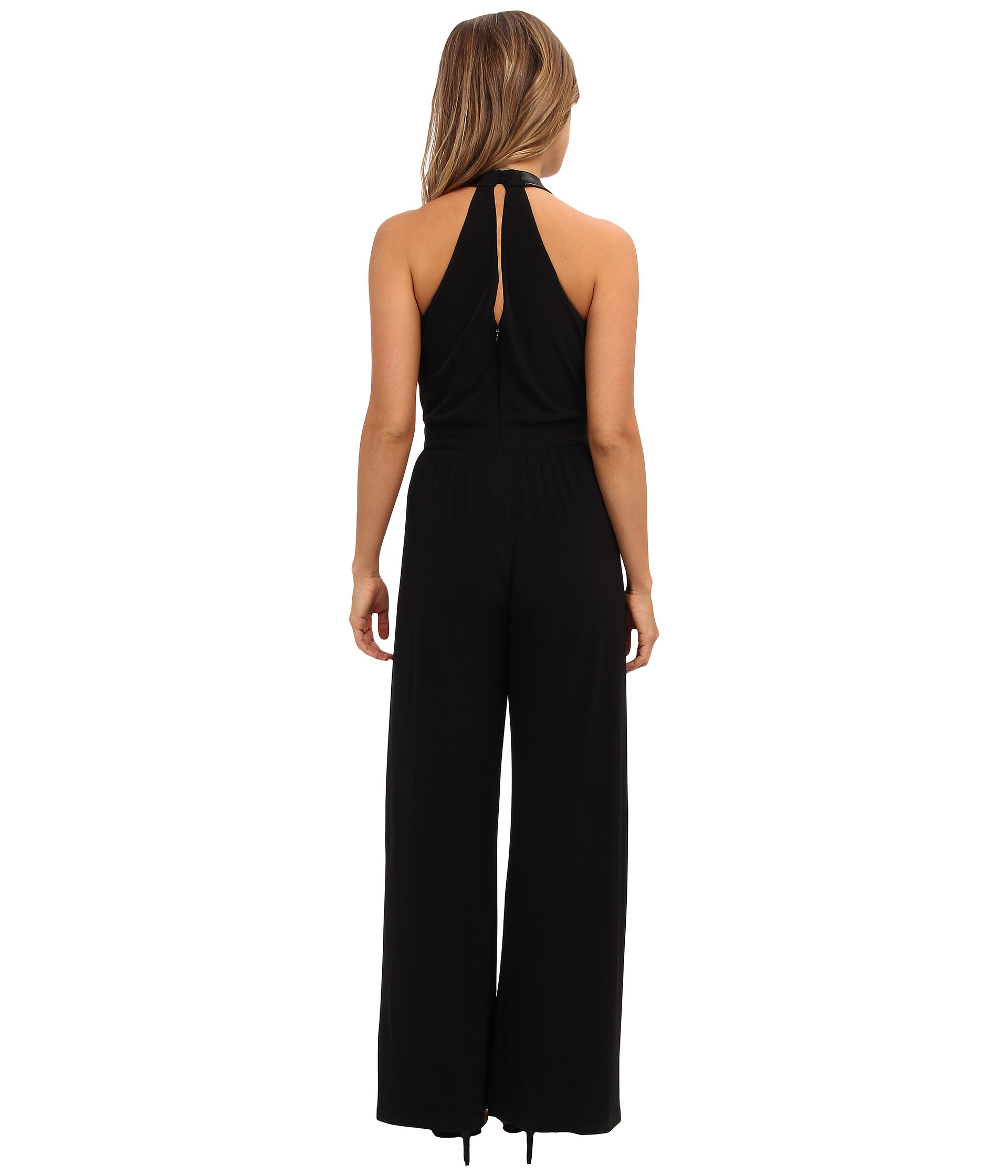Vince camuto Pleated Halter Jumpsuit W Pleather At Neck in Black | Lyst