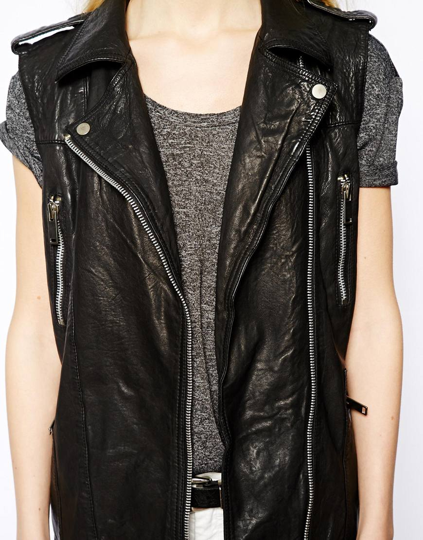 Mango Leather Biker Sleeveless Jacket In Black Lyst Gallery