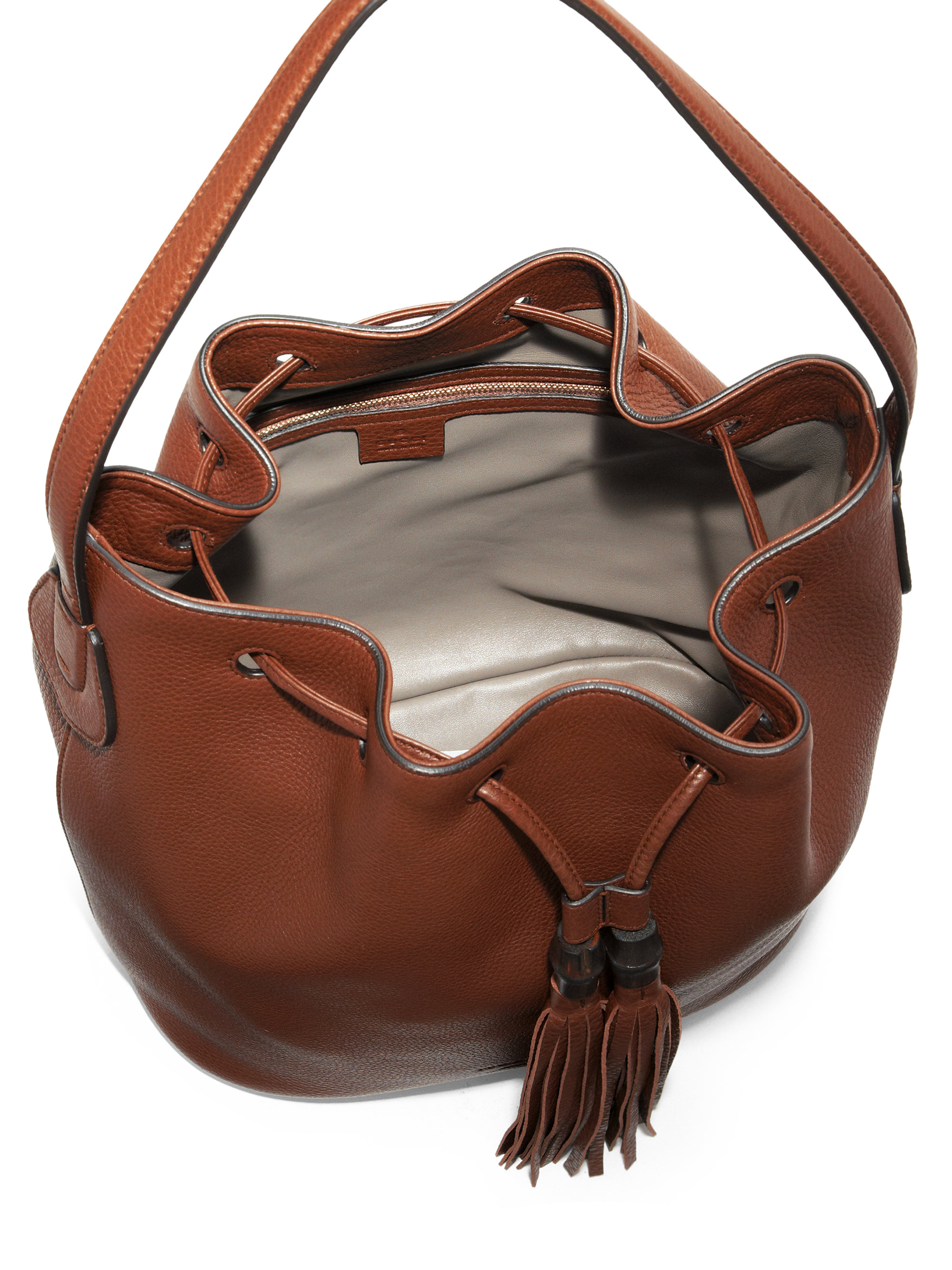 Gucci Lady Tassel Leather Bucket Bag in Brown (ALMOND) | Lyst