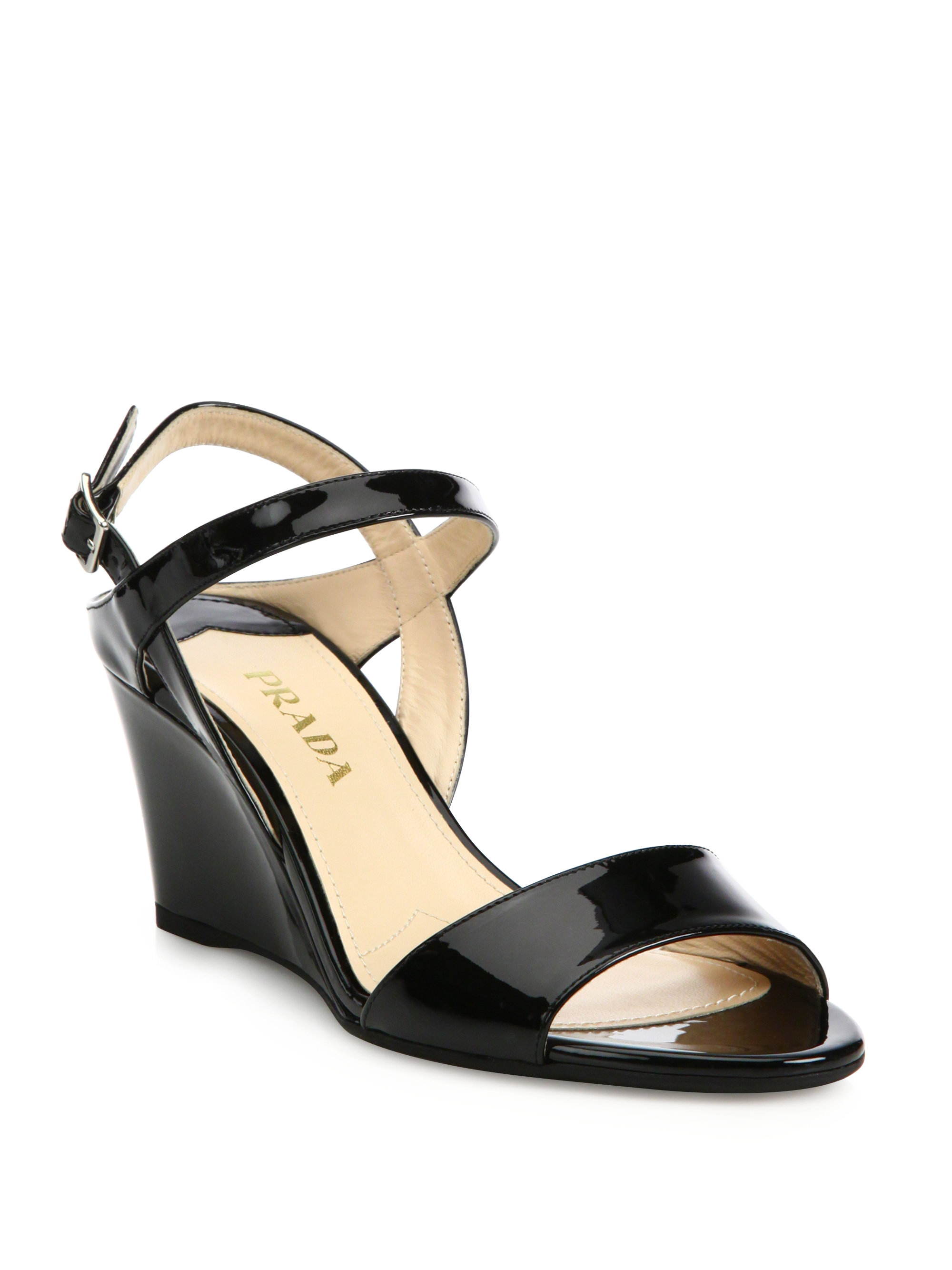 Prada Patent Leather Ankle-strap Wedge Sandals in Black | Lyst