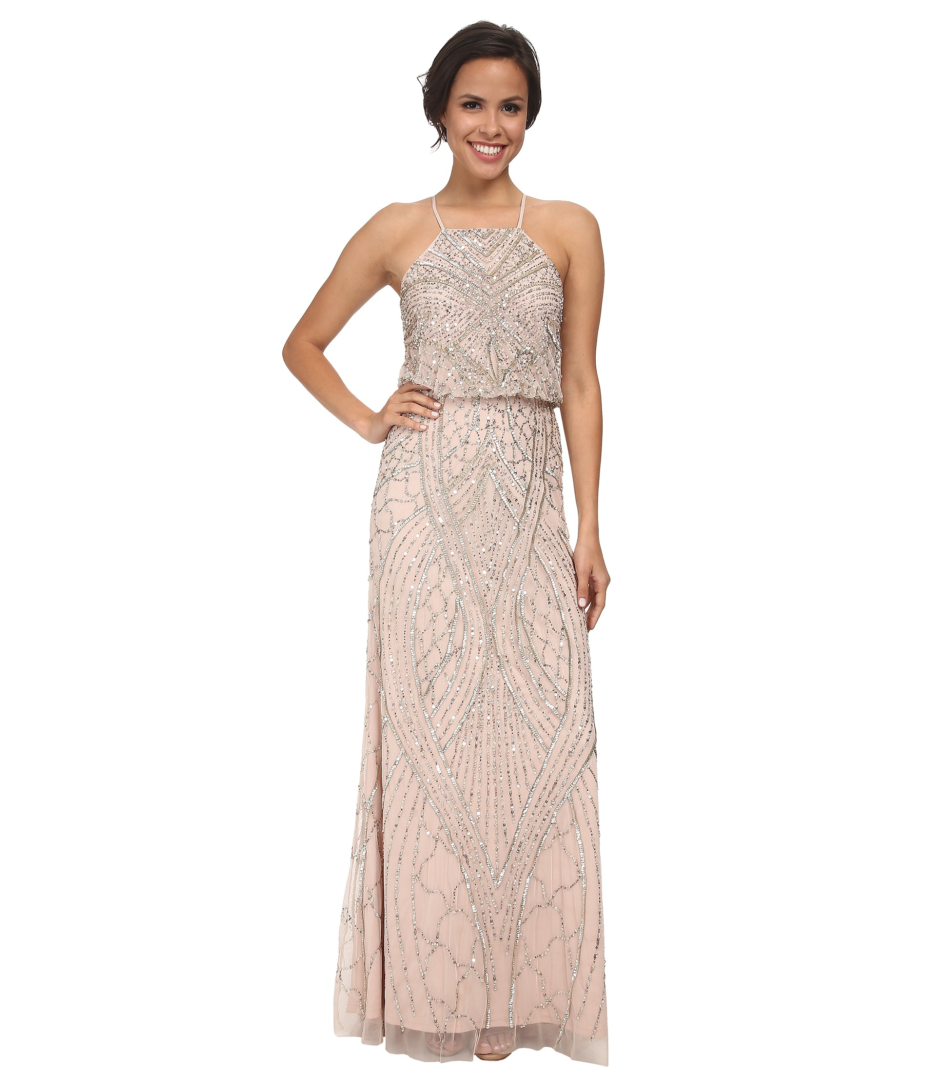 Adrianna Papell Halter Fully Beaded Gown in Pink | Lyst