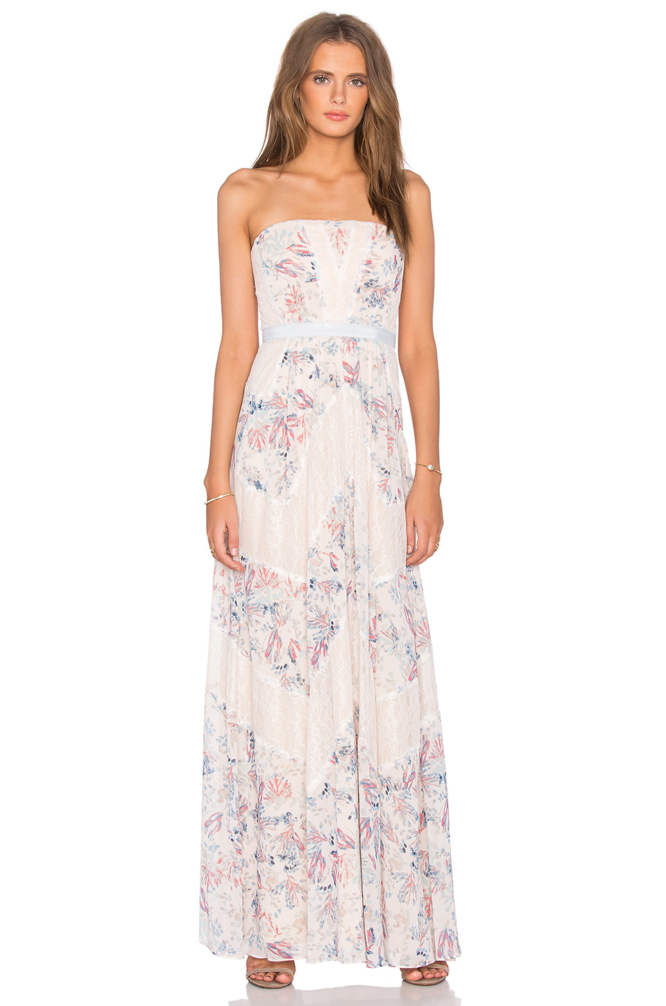 bcbg strapless embroidered lace gown