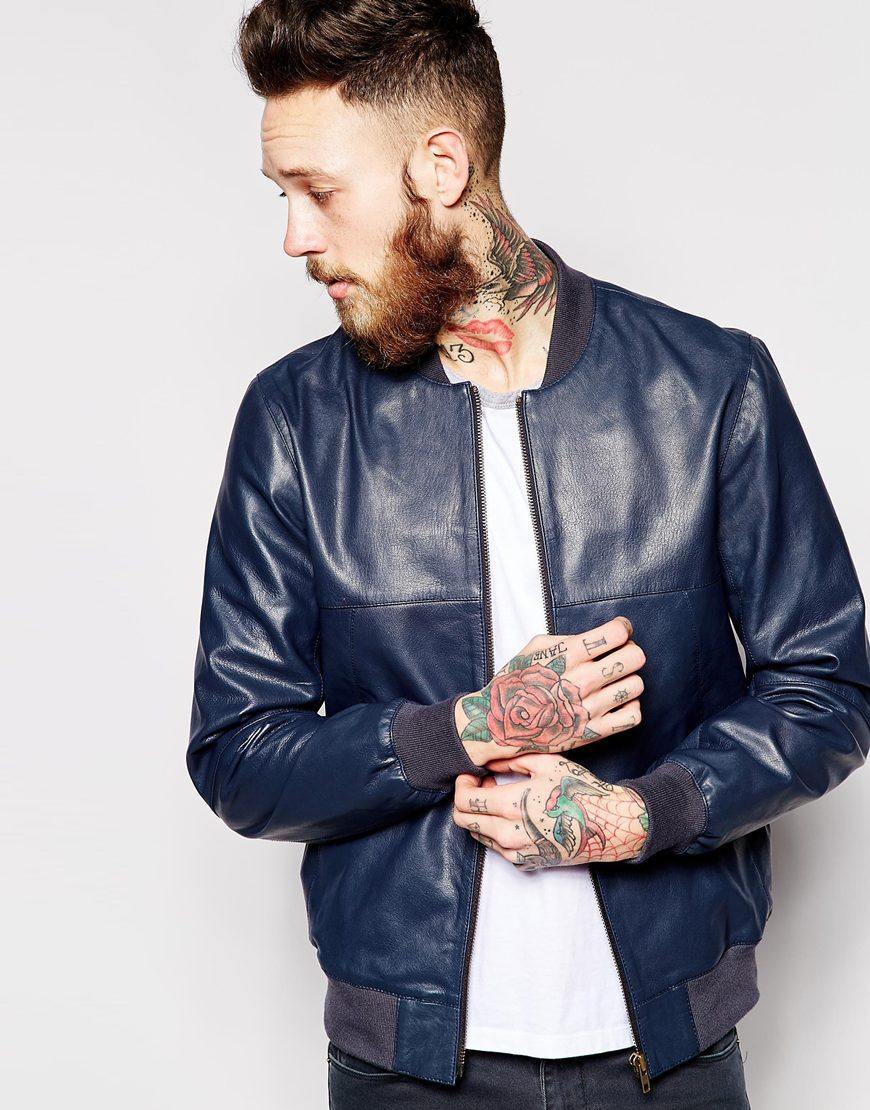 navy leather bomber jacket