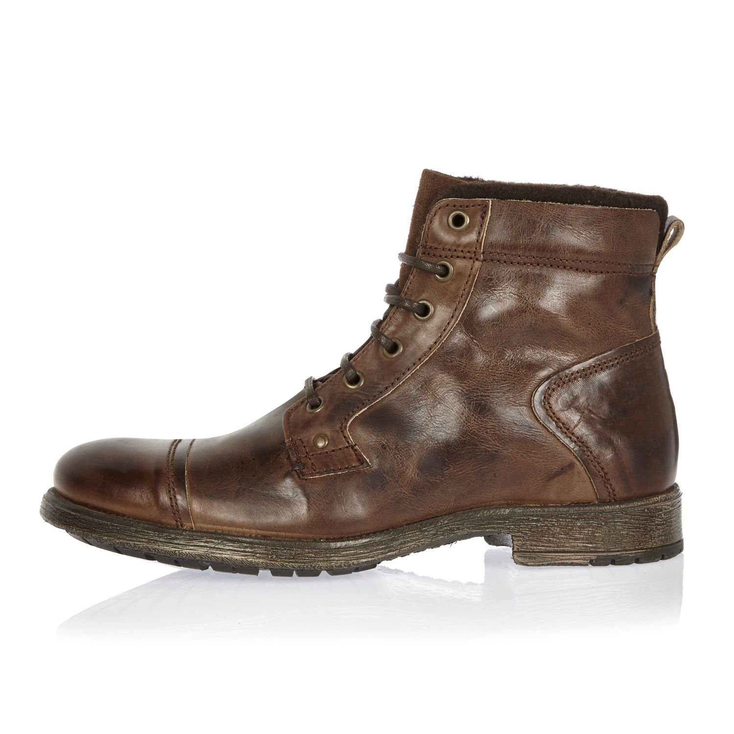 River Island Dark Brown Leather Utility Boots in Brown for Men - Lyst