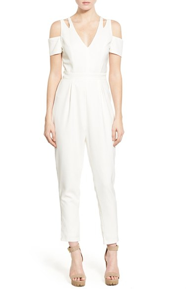 white cold shoulder jumpsuit