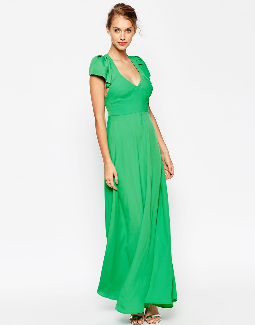 Lyst - ASOS Flutter Maxi With Cut Out Back Dress in Green