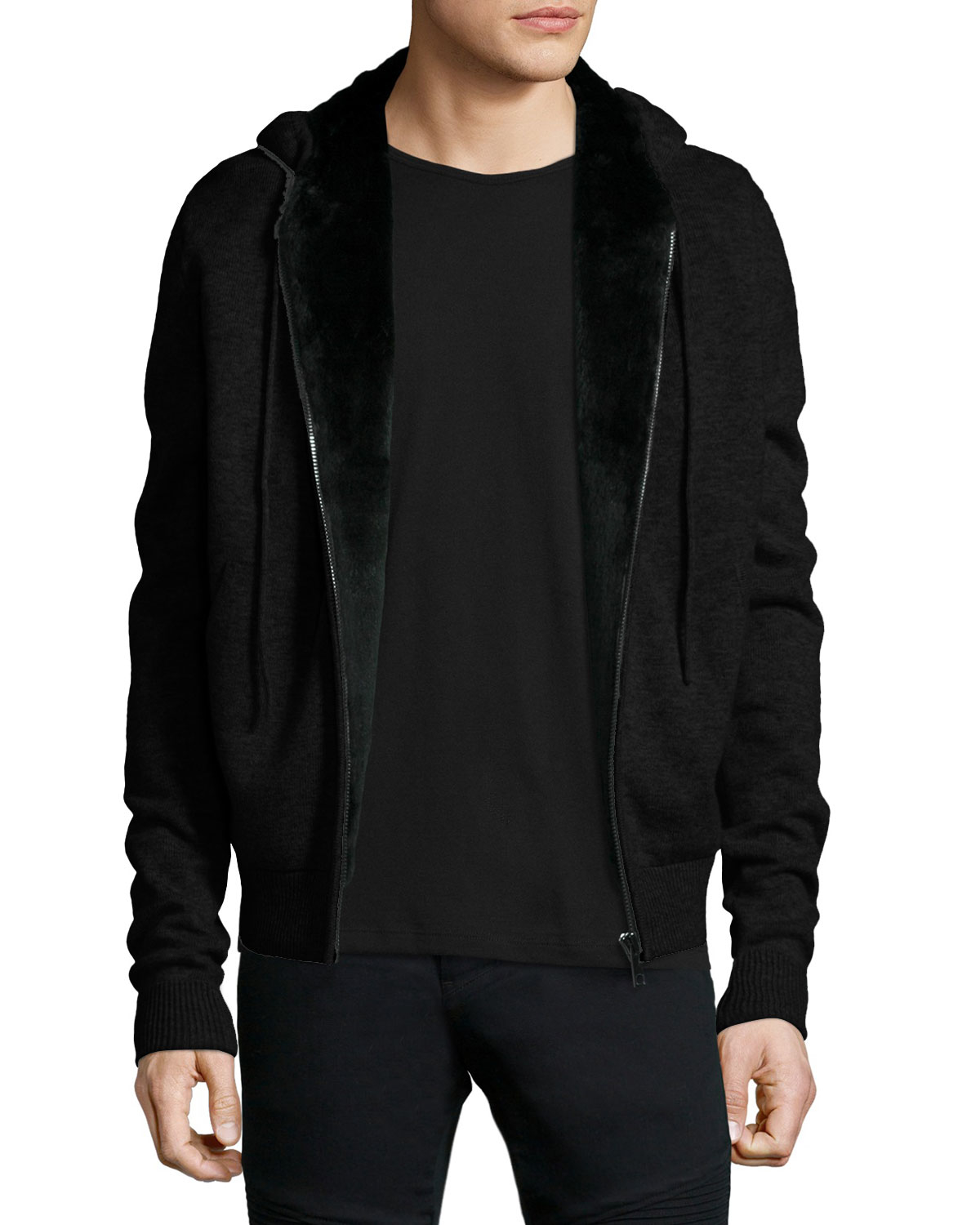 Yves salomon Fur-lined Wool/cashmere Zip-front Knit Hoodie in Black for Men | Lyst
