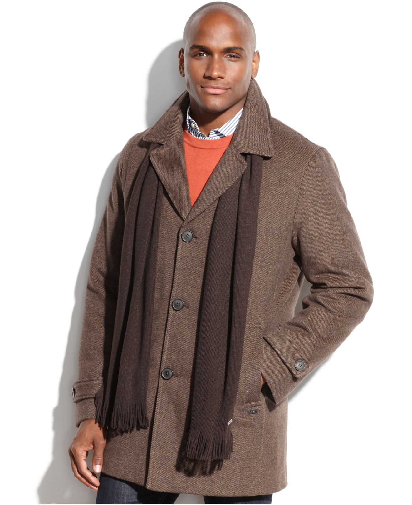 Lyst Calvin klein Woolblend Twill Car Coat With Scarf