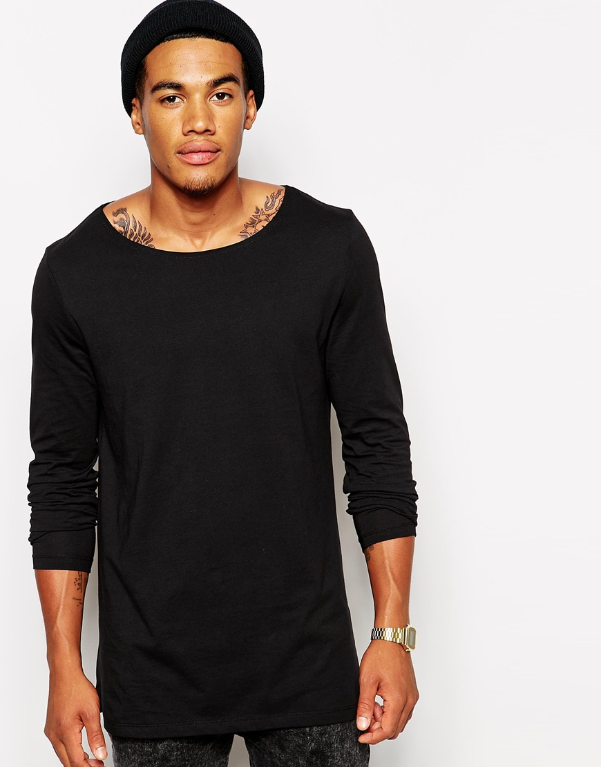 Lyst - Asos Long Sleeve T-Shirt With Boat Neck In Longline in Black for Men