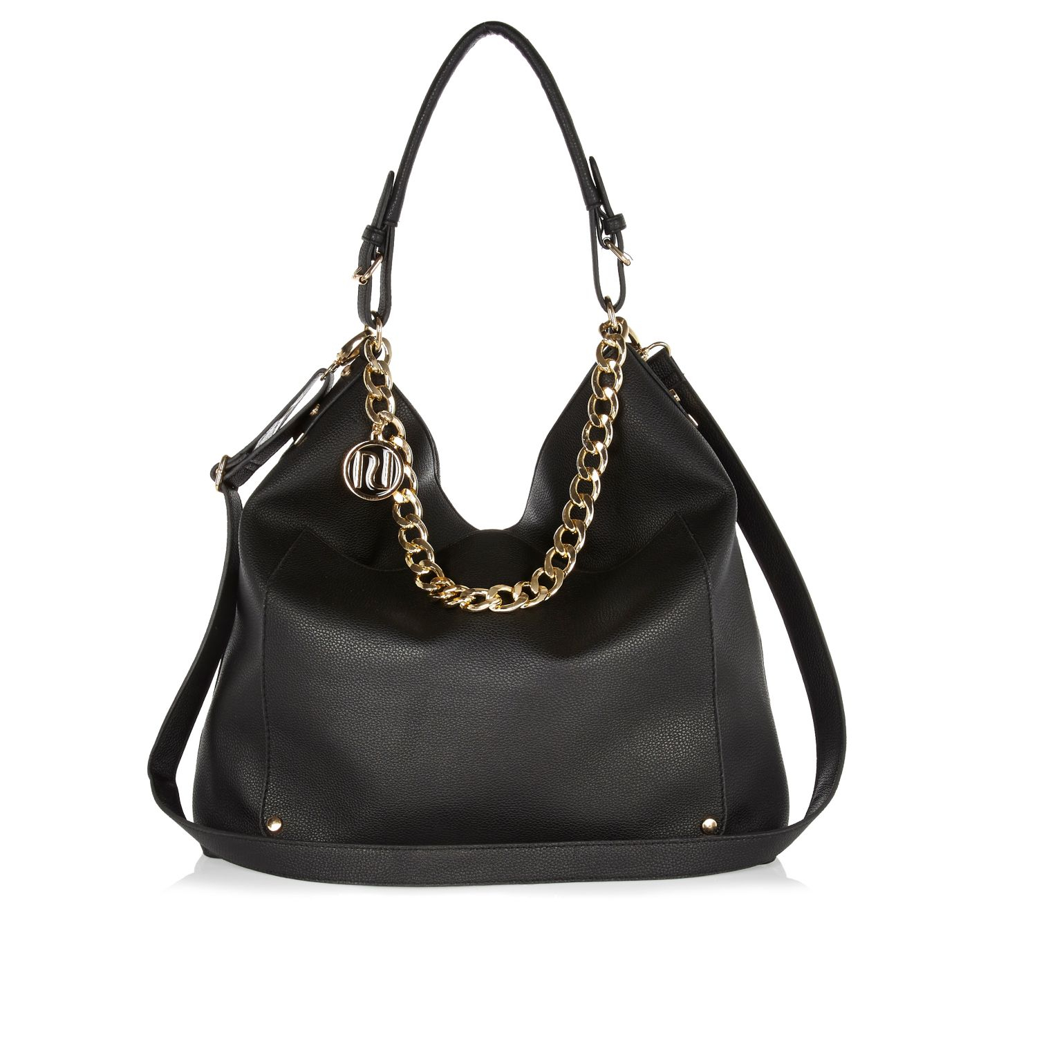 River island Black Chain Trim Slouch Bag in Black | Lyst