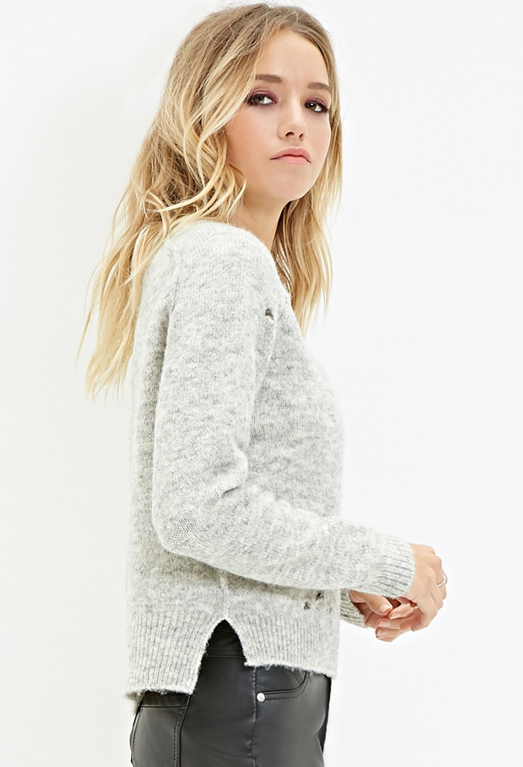Forever 21 Marled Knit Distressed Sweater in Gray (Light heather grey ...