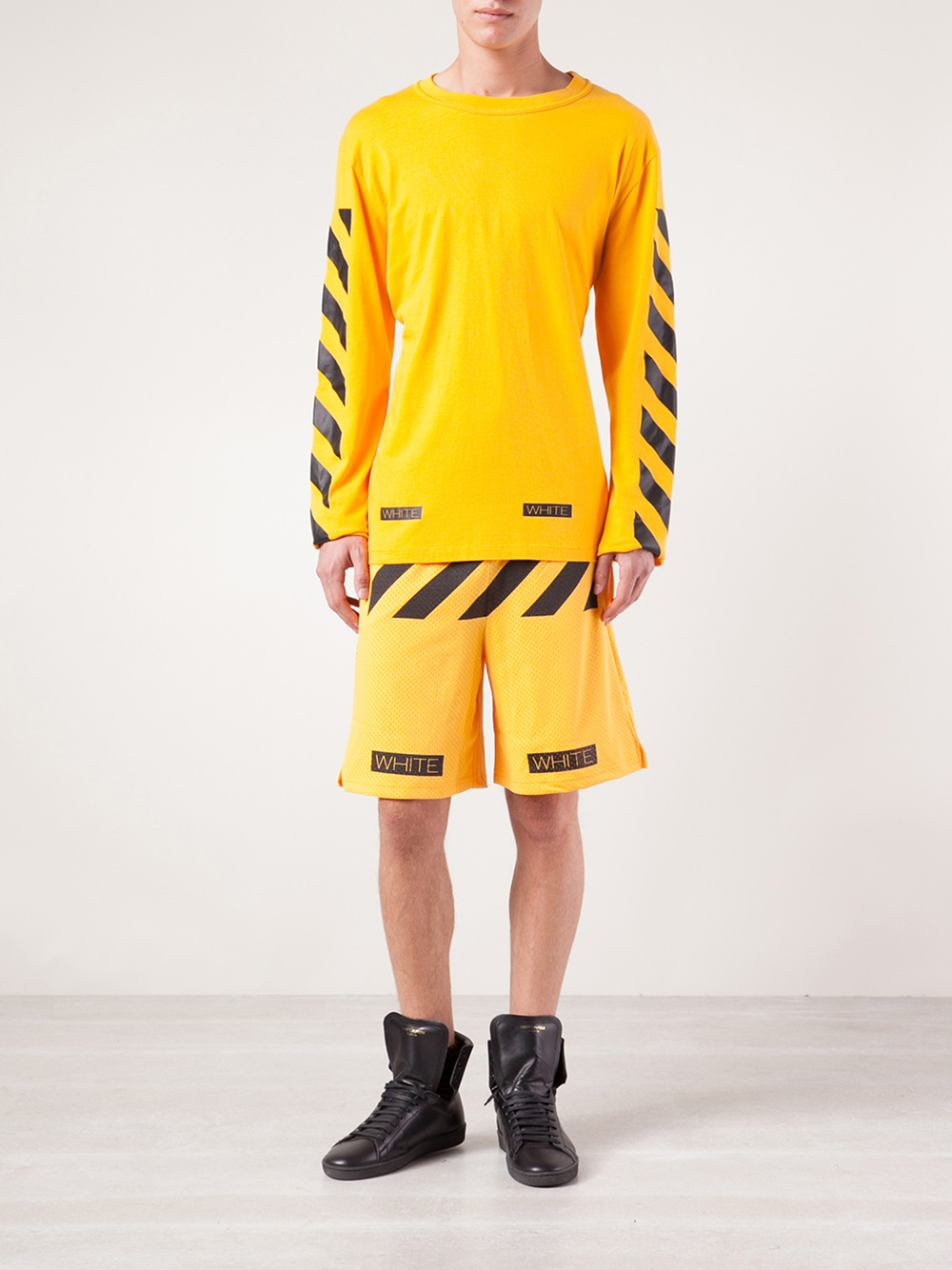 off white yellow stripe pants