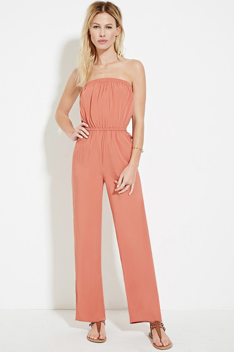 orange strapless jumpsuit