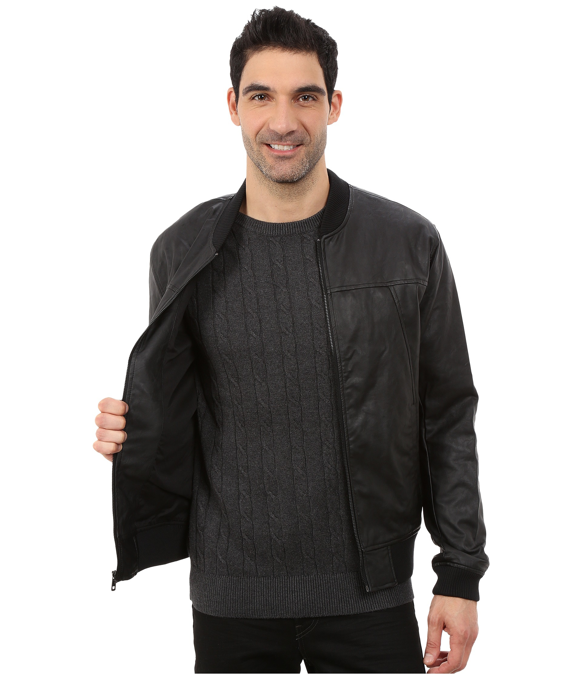 DKNY Faux Leather Bomber Jacket in Black for Men | Lyst