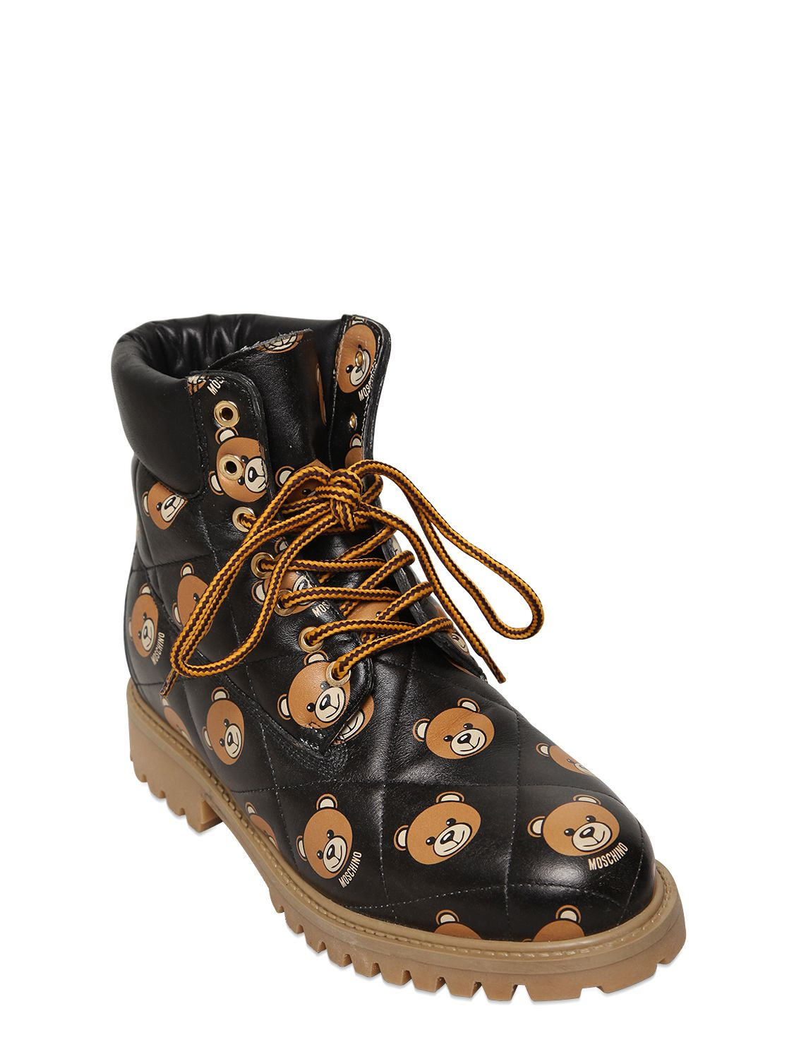 Moschino Bear-Print Leather Combat Boots in Black | Lyst