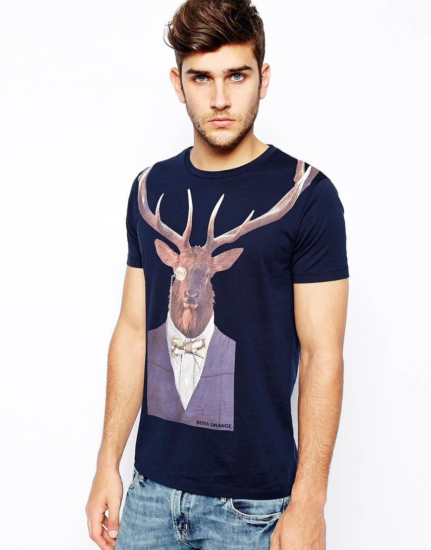 Boss Orange T Shirt With Stag Head Print In Navy Blue For Men Lyst