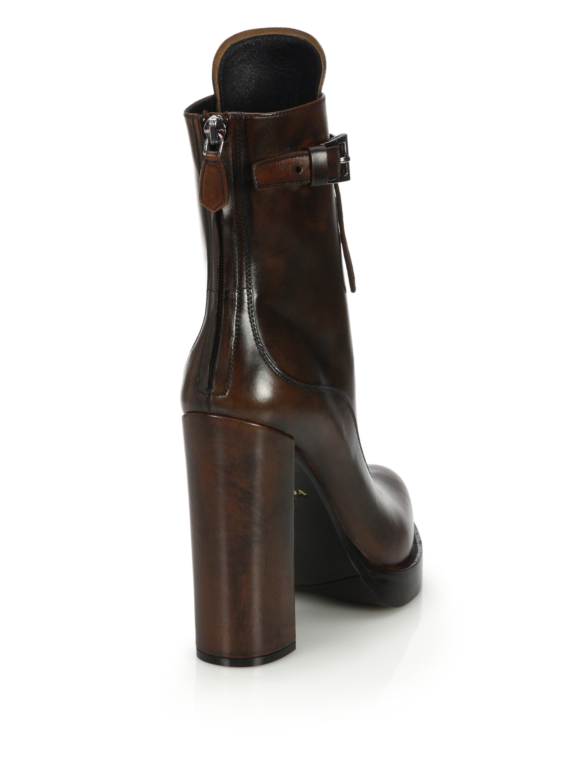 Prada Burnished Leather Lace-up Booties in Brown | Lyst