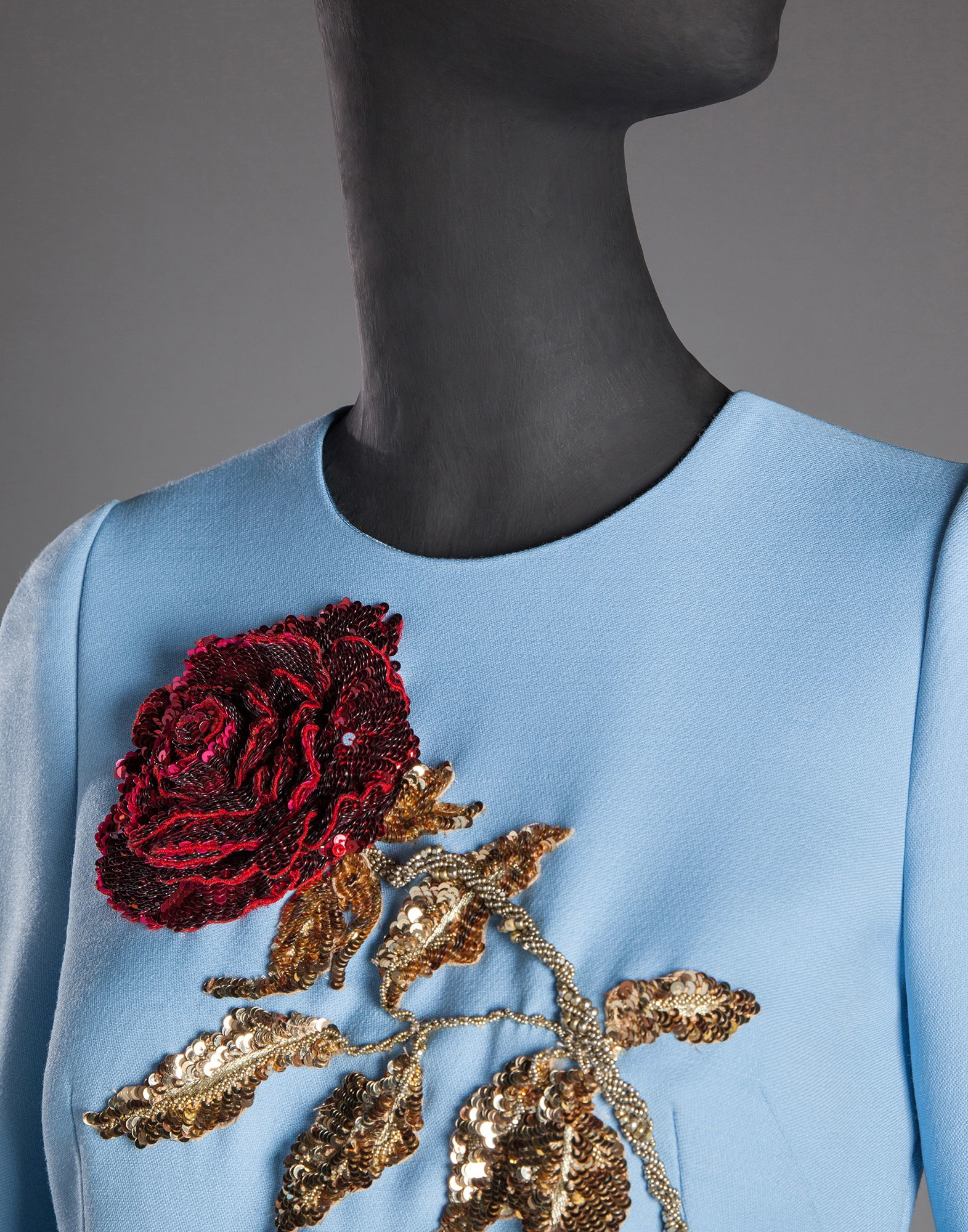 Dolce & Gabbana Crepe Dress With Embroidered Sequined Rose in Blue | Lyst