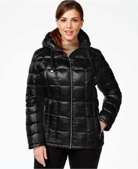 Calvin Klein Plus Size Packable Hooded Puffer Jacket in Blue (Shine ...