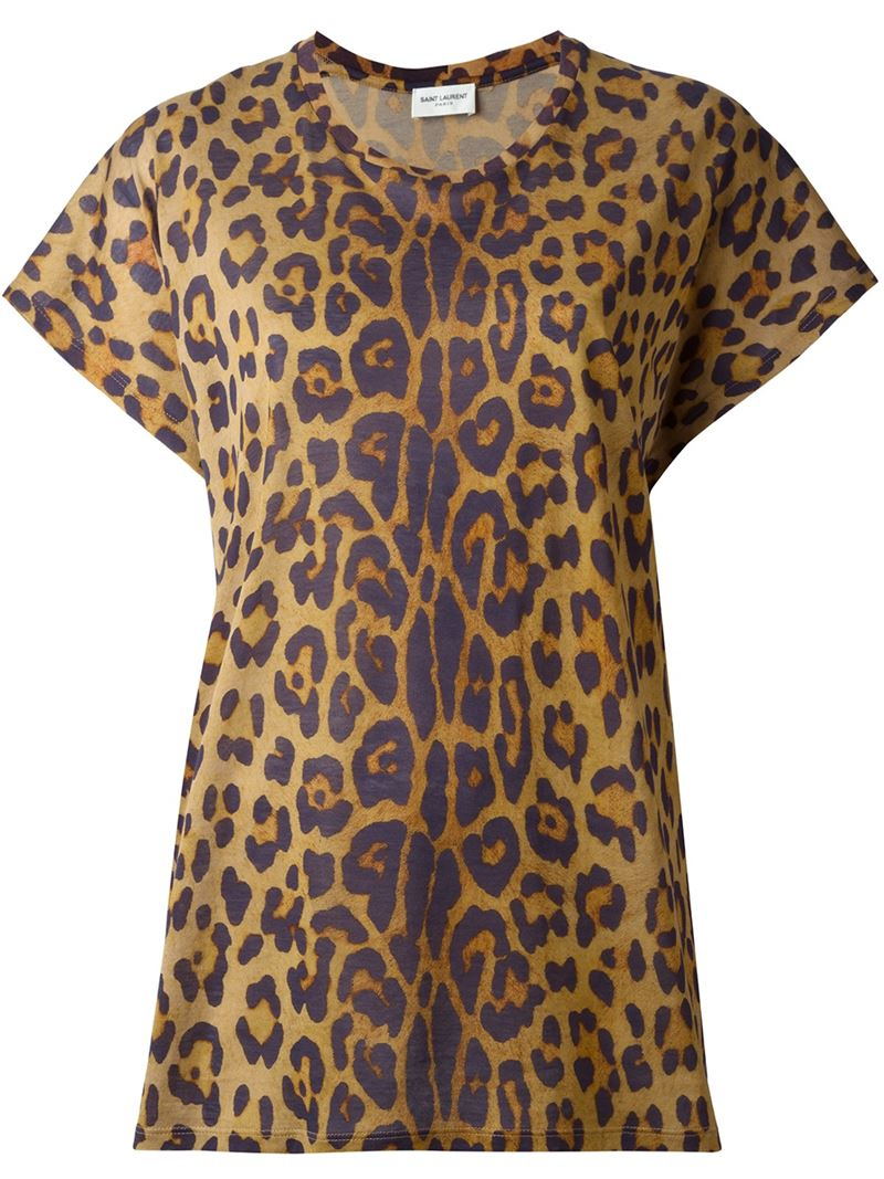 Saint Laurent Cotton Leopard Print T-shirt in Brown - Lyst