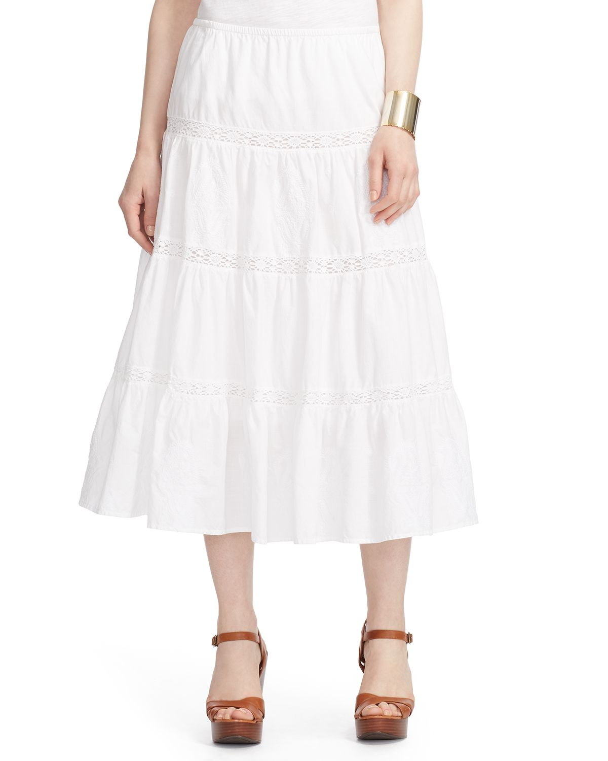 Ralph Lauren Lauren Tiered Cotton Midi Skirt in White | Lyst