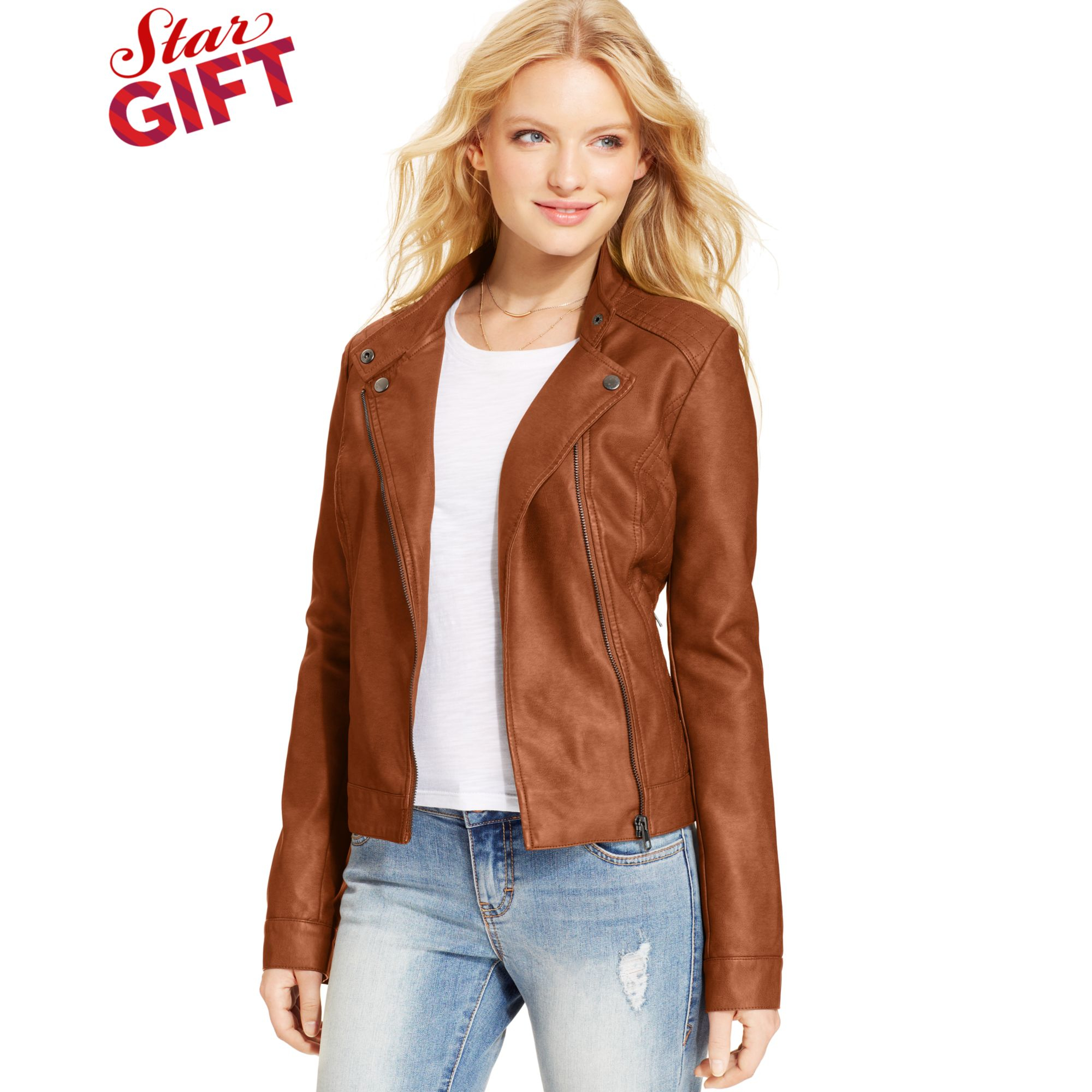 Lyst American Rag Faux Leather Quilted Moto Jacket In Brown Gallery Previously Sold At Macy S Women Tuxedo Jackets