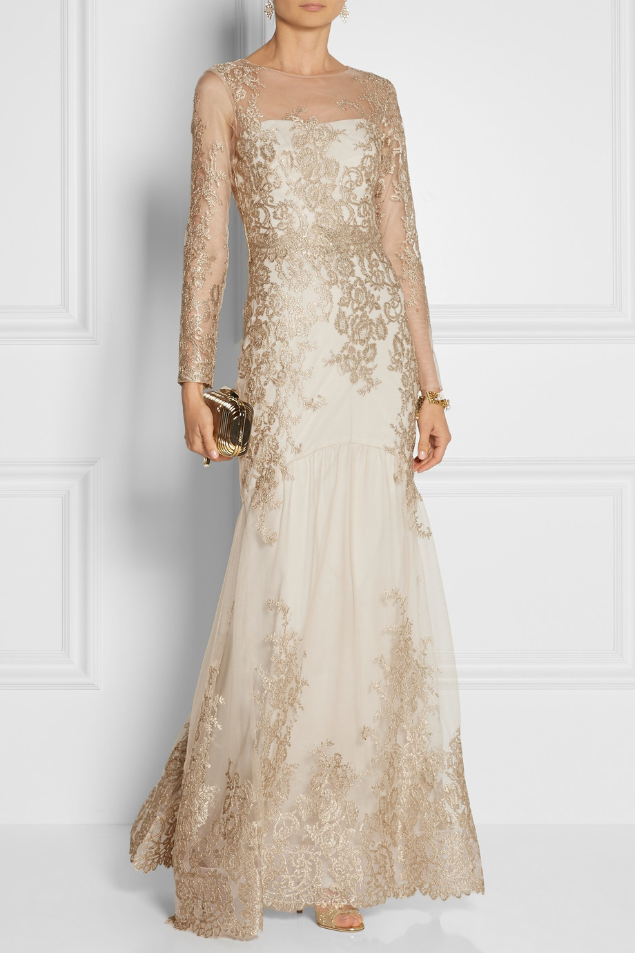 Marchesa notte Embroidered Tulle Gown in Metallic | Lyst
