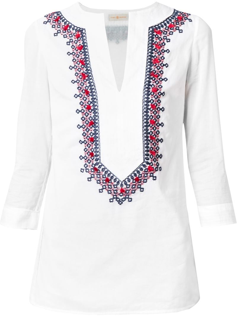Tory Burch Cotton Embroidered Tunic Top in White - Lyst