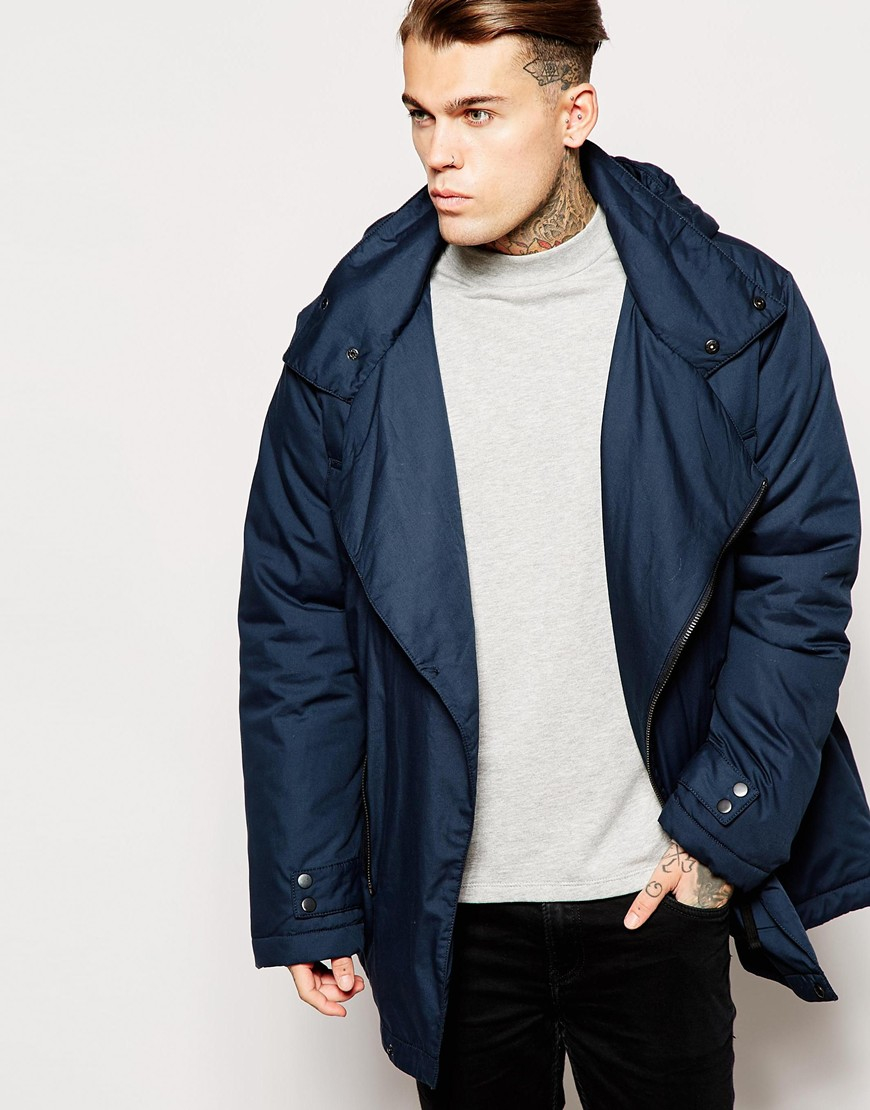 Lyst - Asos Asymmetric Parka Jacket With Drawstring In Navy in Blue for Men