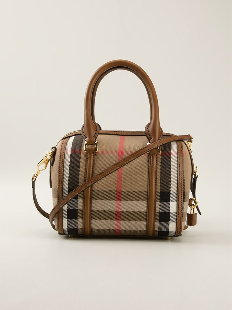 Burberry Mini Check Canvas & Leather Bowling Bag in Brown