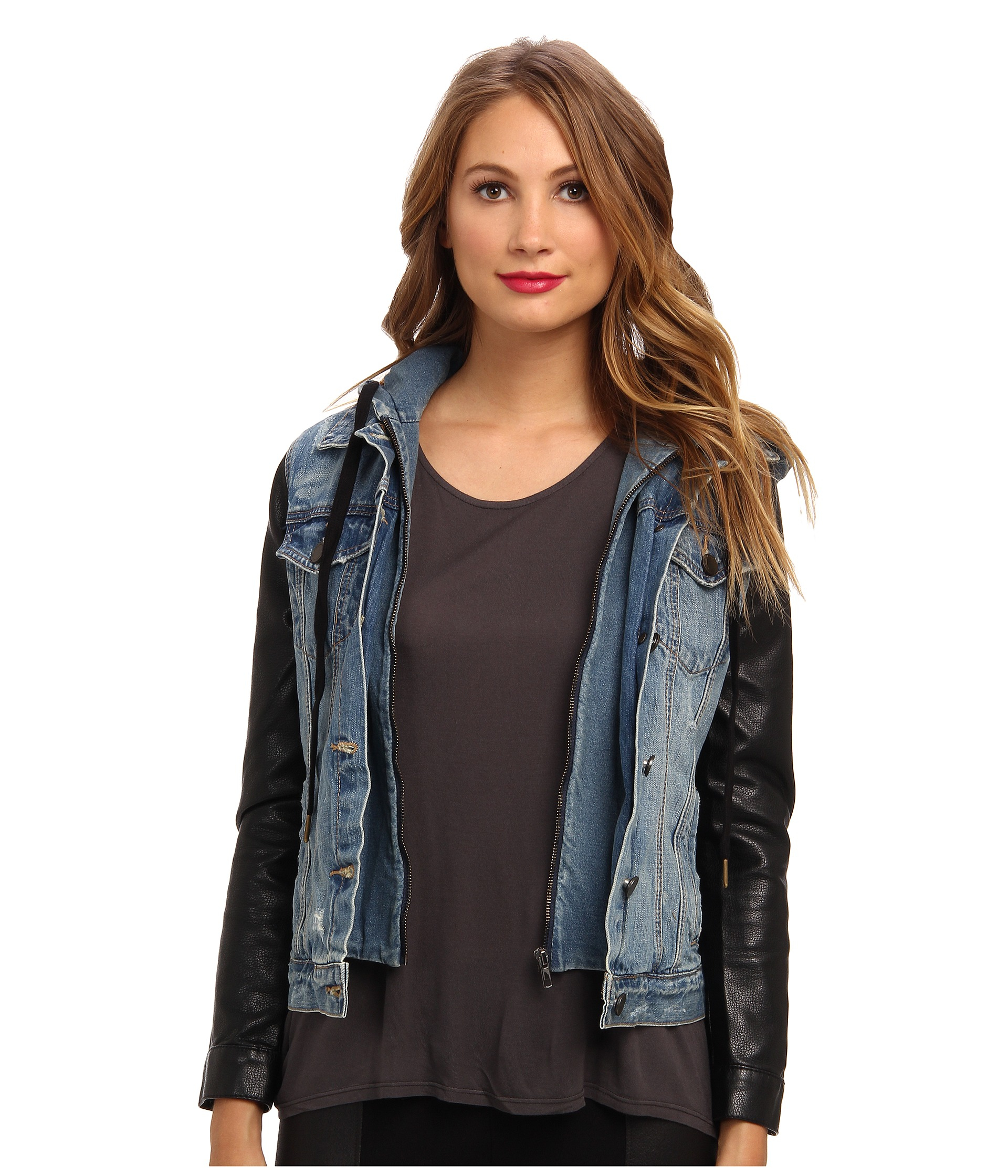 Women S Blue Denim Jacket W Vegan Leather Sleeves In Ripped Off