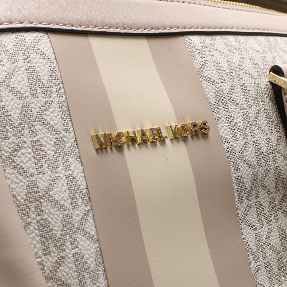 Michael Kors Large Bedford Travel Vanilla & Soft Pink Logo Stripe Weekender  Bag | Lyst