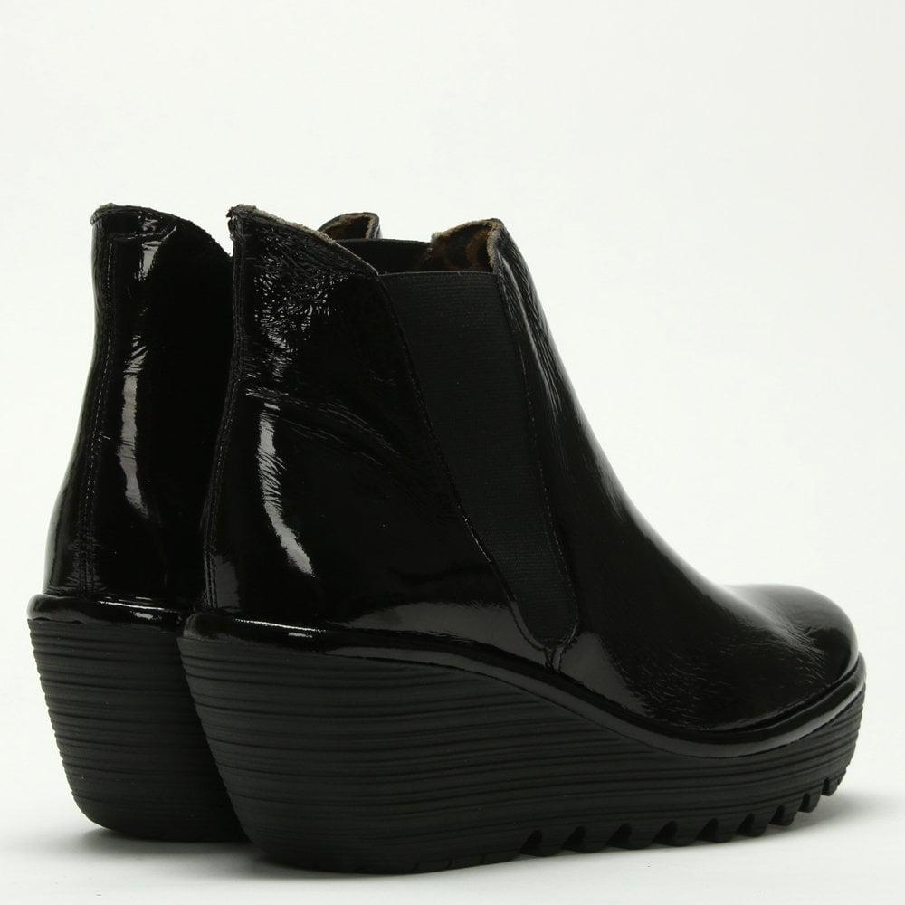 Fly London Woss Black Patent Leather Wedge Ankle Boot - Lyst