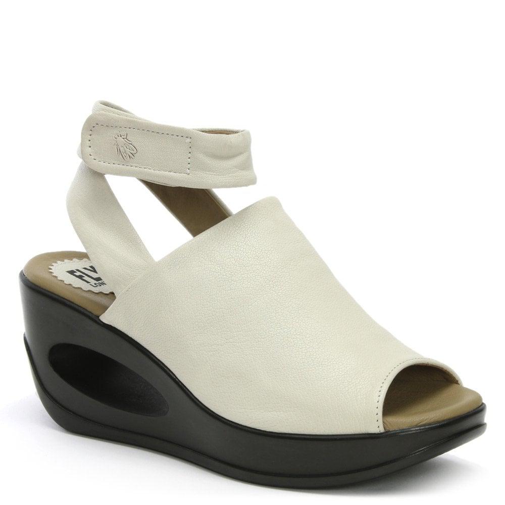 Fly London Hini Mousse Off White Leather Wedge Sandals - Lyst