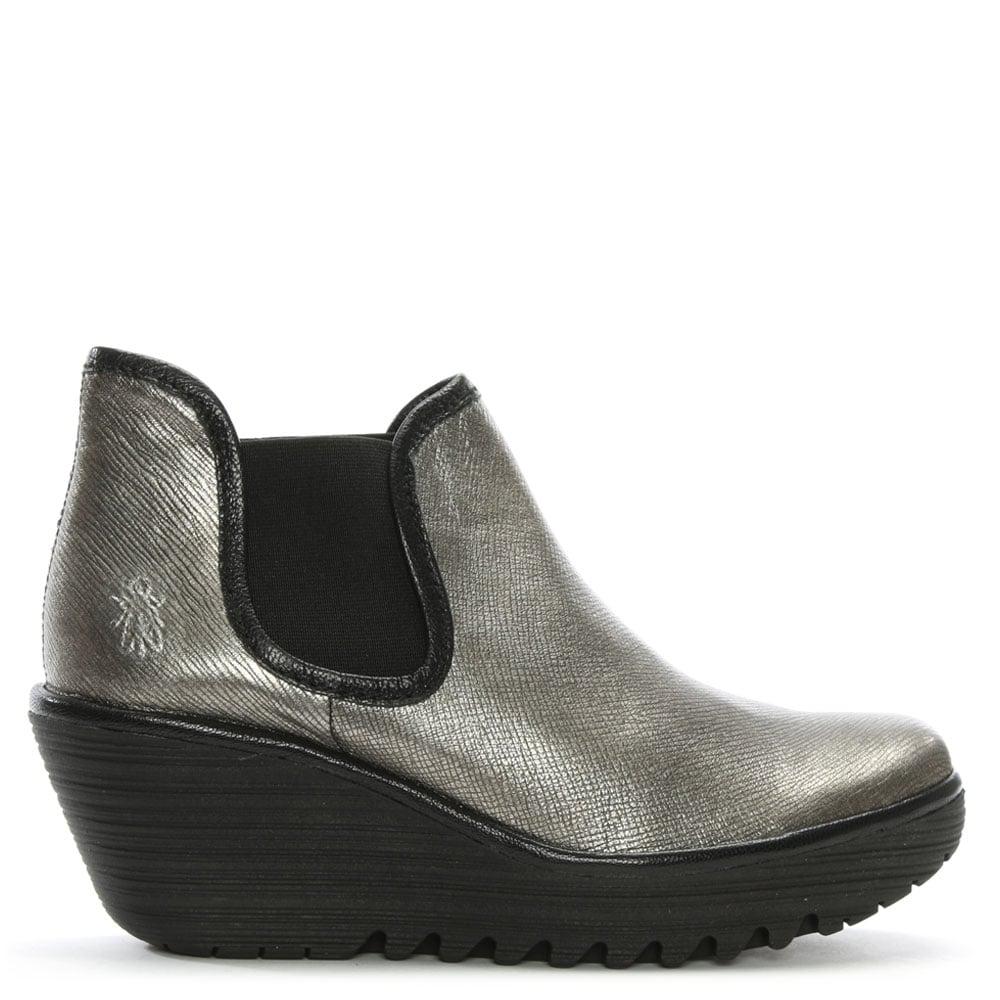 Fly London Yat Silver Metallic Leather Mid Wedge Chelsea Boots - Lyst