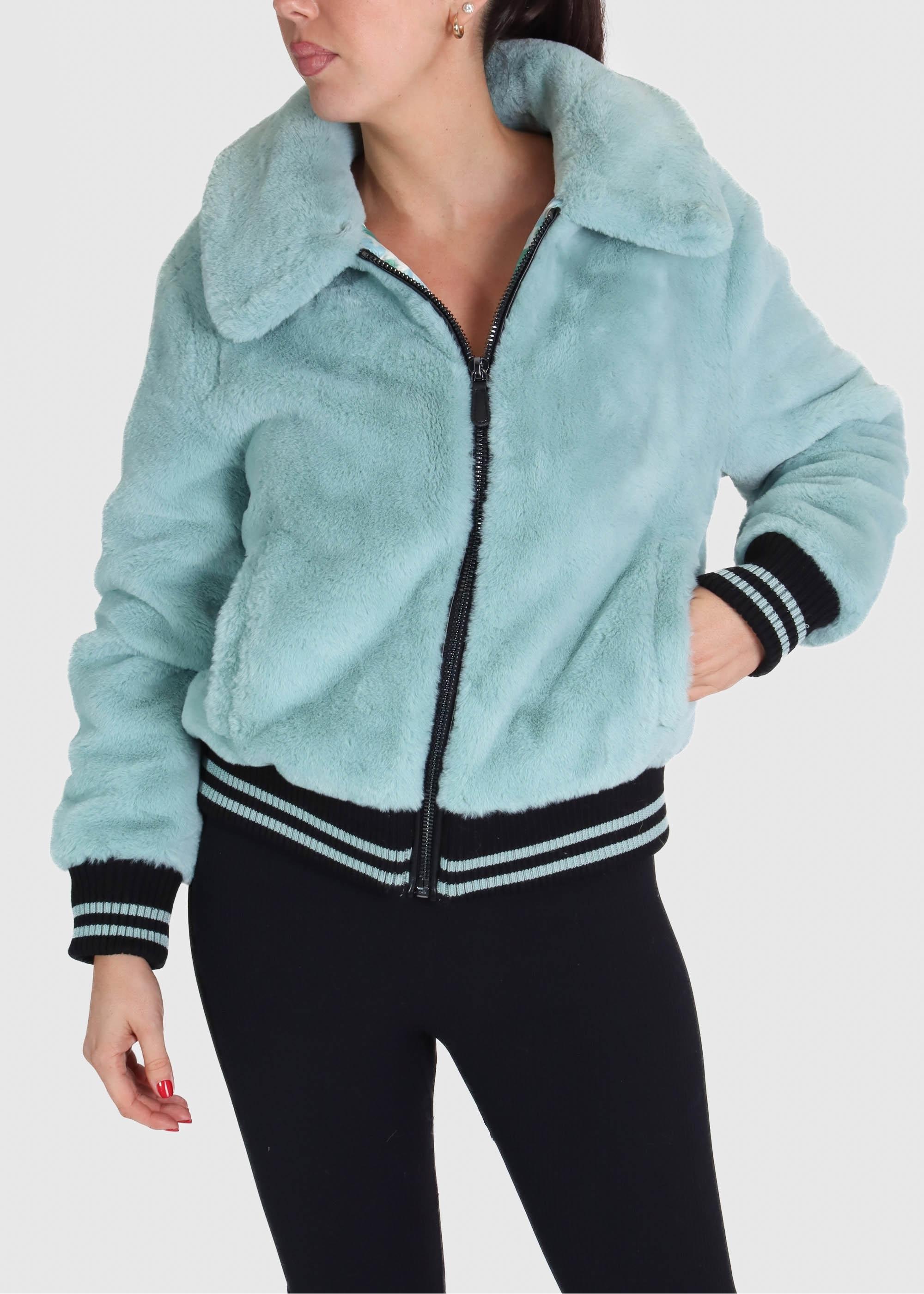 Blue fur bomber jacket hot sale