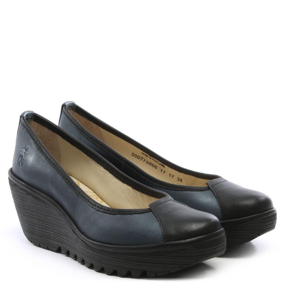 Fly London Yerb Navy Leather Wedge Shoes in Blue - Lyst