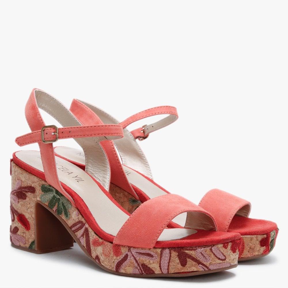 coral mid heel sandals