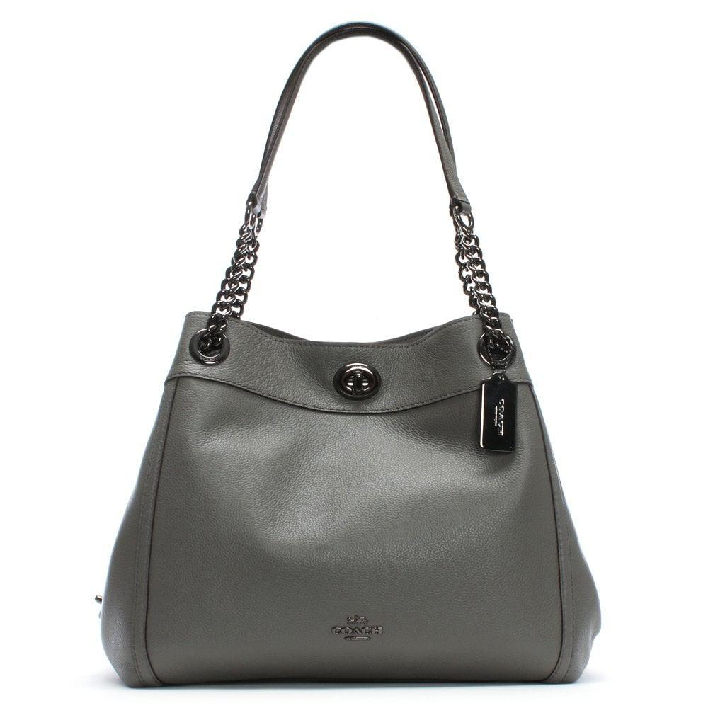 COACH Turnlock Edie Heather Grey Polished Pebbled Leather Shoulder Bag in Gray - Lyst