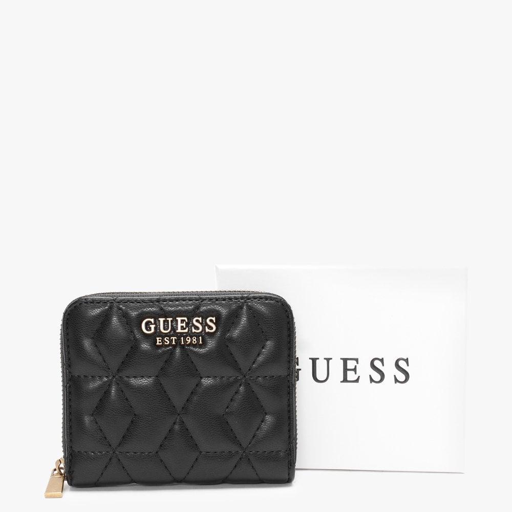 Guess Small Elenia Quilted Black Zip Around Purse | Lyst