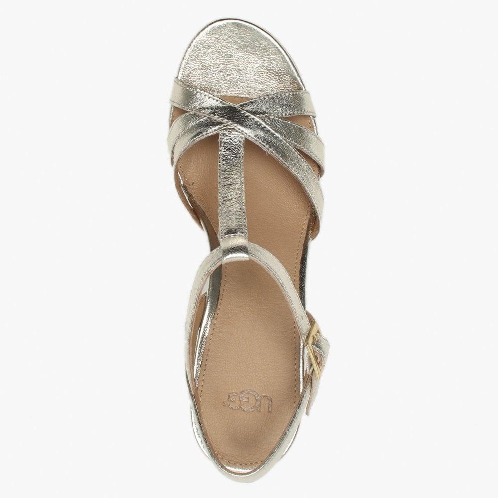 UGG Melissa Gold Metallic Leather T Bar Wedge Sandals - Lyst