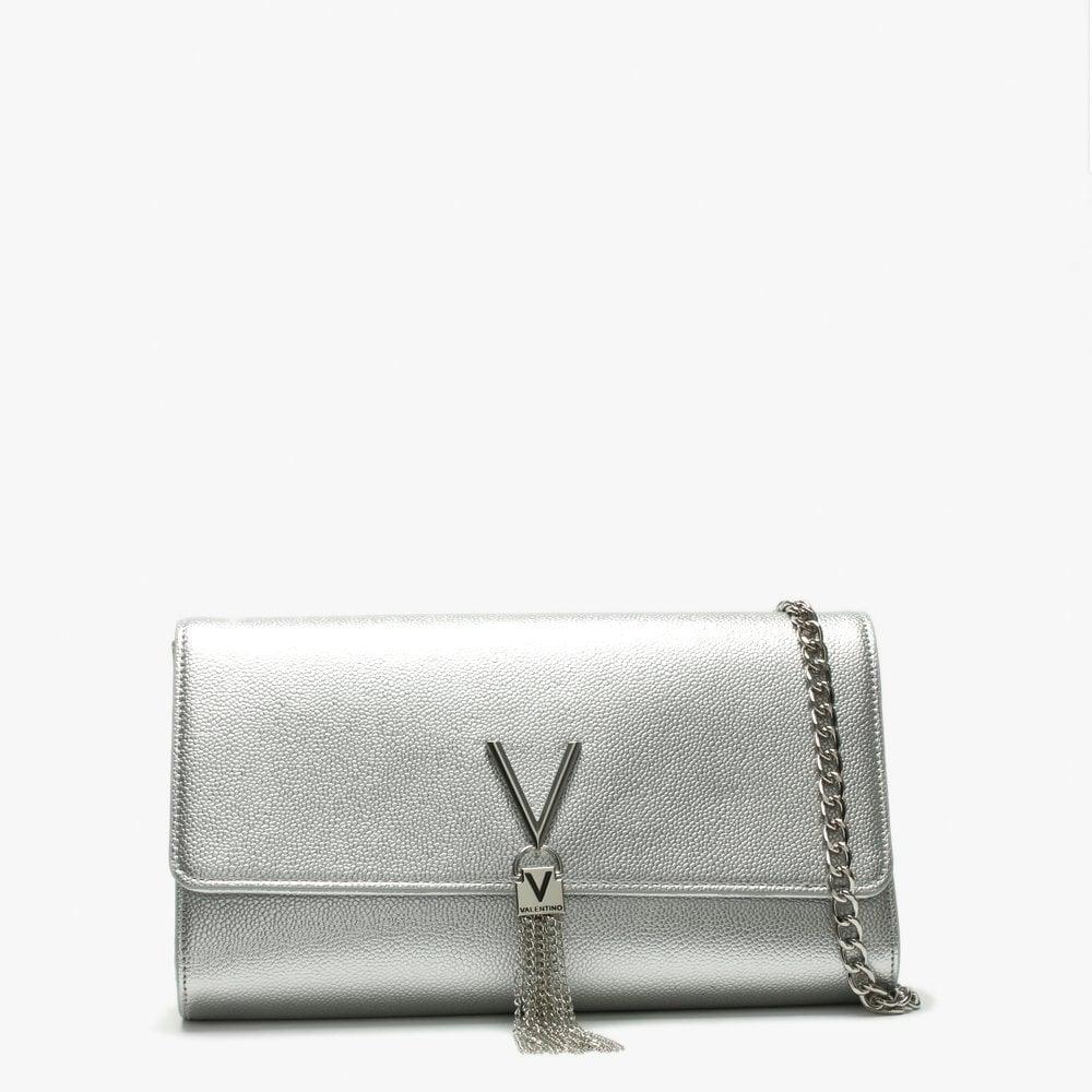 Valentino By Mario Valentino Leather Divina Silver Pebbled Clutch Bag in Silver Leather