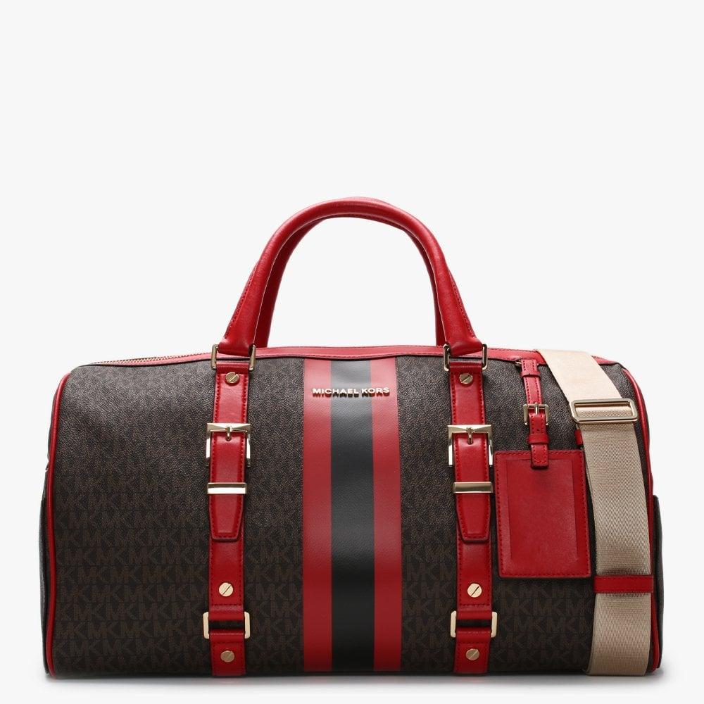 Michael Kors Large Bedford Travel Brown & Bright Red Logo Stripe Weekender  Bag
