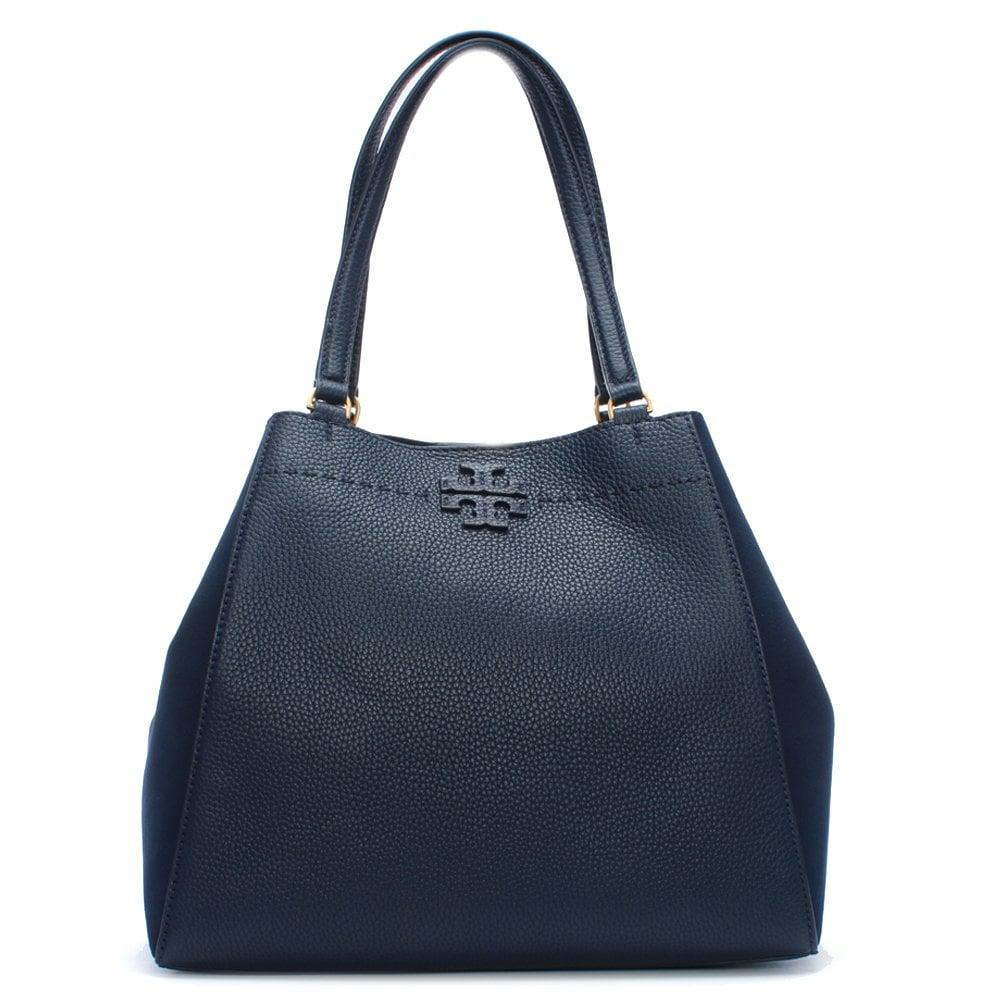 Tory Burch Mcgraw Royal Navy Mixed Suede & Leather Carryall Shoulder