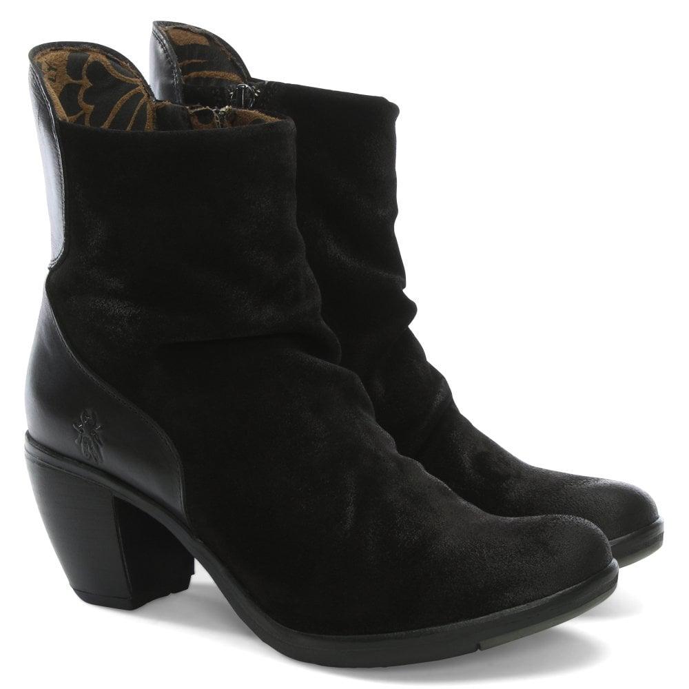 Fly London Hota Black Suede Ruched Ankle Boots - Lyst